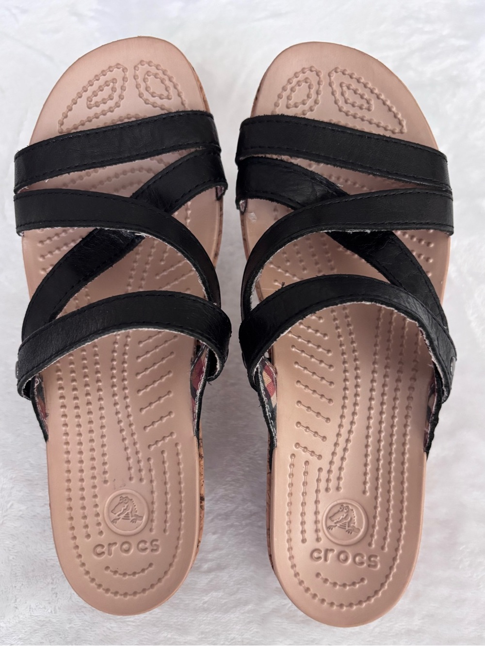 CROCS A-Leigh Black Leather Strappy Cork Platform Wedge Slip On Sandal--EUC--6 - Picture 2 of 11